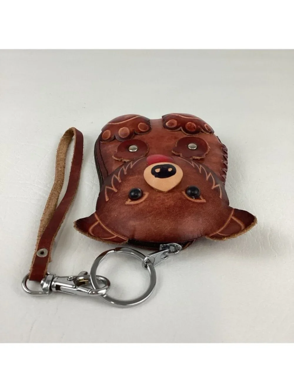 Hand Tooled Leather 3D Bear Coin Purse Wristlet Wallet Keychain Zip Around - Picture 5 of 10